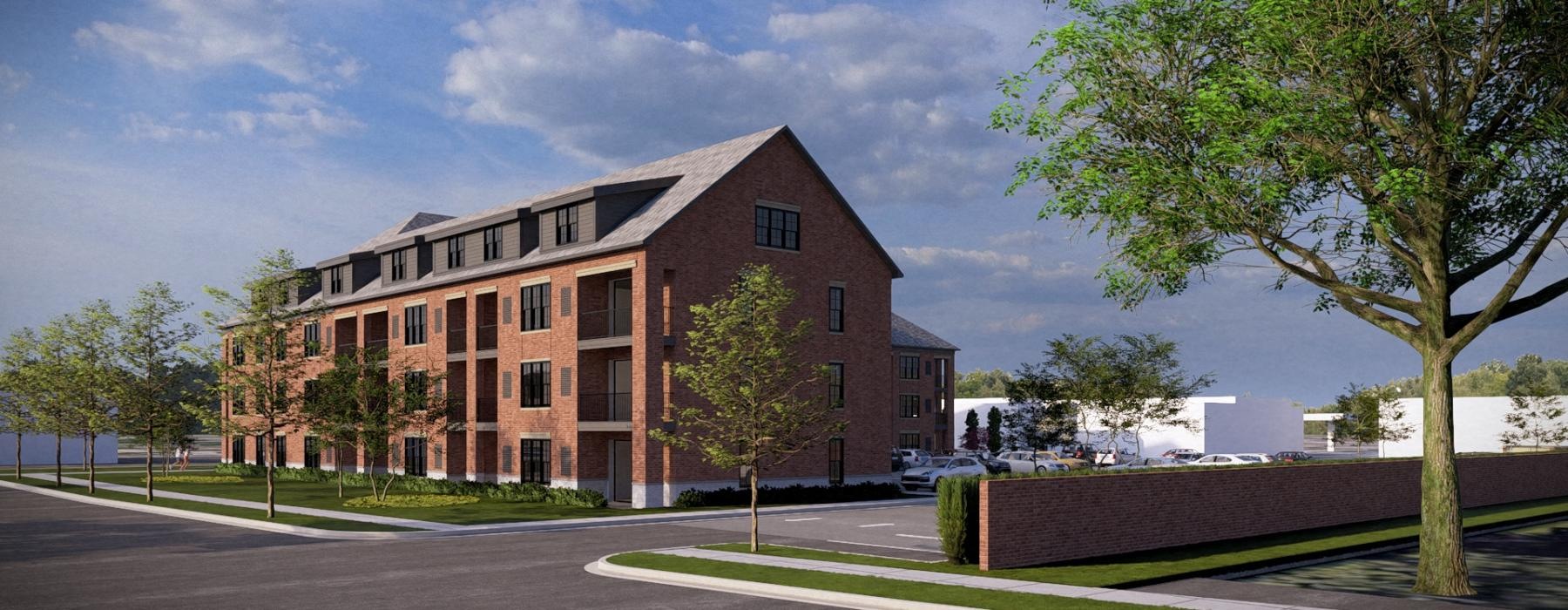 a building with trees and grass